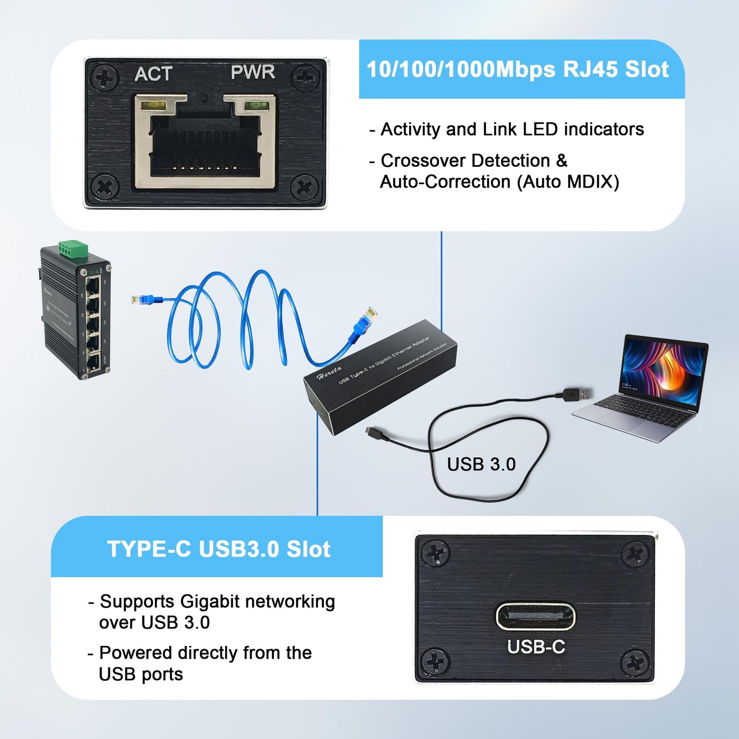Hereta USB C to Ethernet Adapter,1Gbps Type-C 3.0 to RJ45 Ethernet LAN Network Adapter compatiable with MacOS,Windows XP