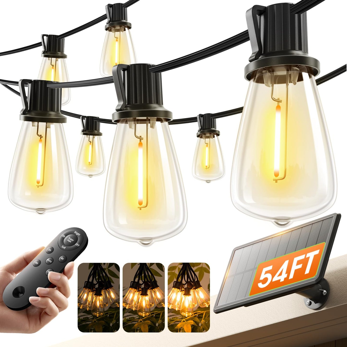 KYY 54FT Solar String Lights Outdoor Waterproof with USB Charging & Remote, Dimmable & Timable, Solar Powered Patio Lights with LED Shatterproof Bulbs