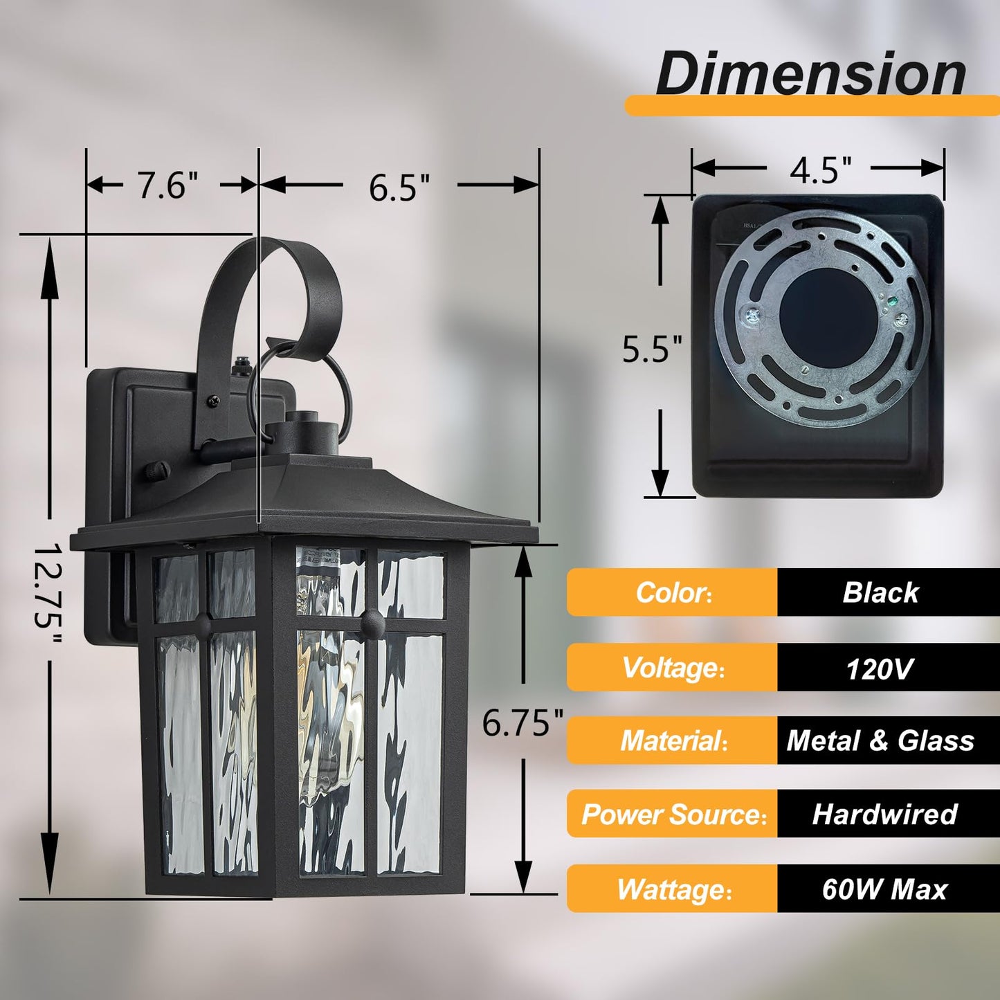 Lawyettle 2 Pack Dusk to Dawn Outdoor Wall Lights, Aluminum Exterior Light Fixtures Wall Mount with Ripple Glass, Waterproof Black Porch Lights