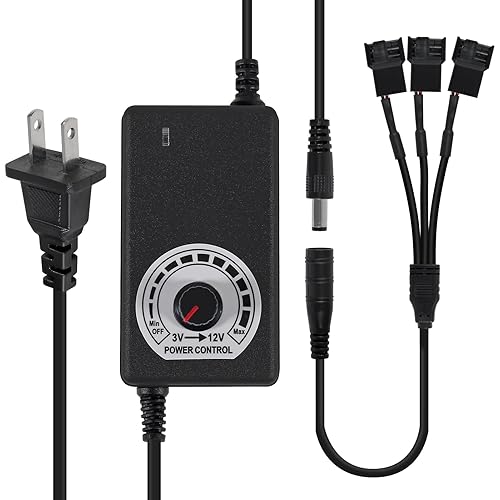 UMLUFE 12V Fan Power Supply,PC Fan Speed Controller,100-240vAC to 3-12vDC 24W Adjustable Fan Power Adapter,with Fan Splitter Cable,DC Female to 2 x