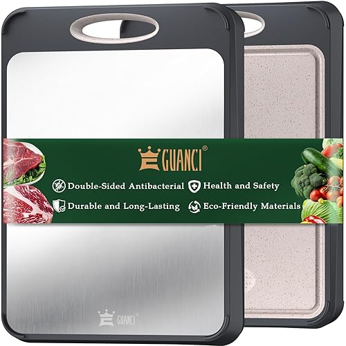 GUANCI Cutting Board for Kitchen, Stainless Steel Cutting Board Double Sided for Chopping Meat/Vegetables, Stainless Steel/Wheat Straw PP, Kitchen…