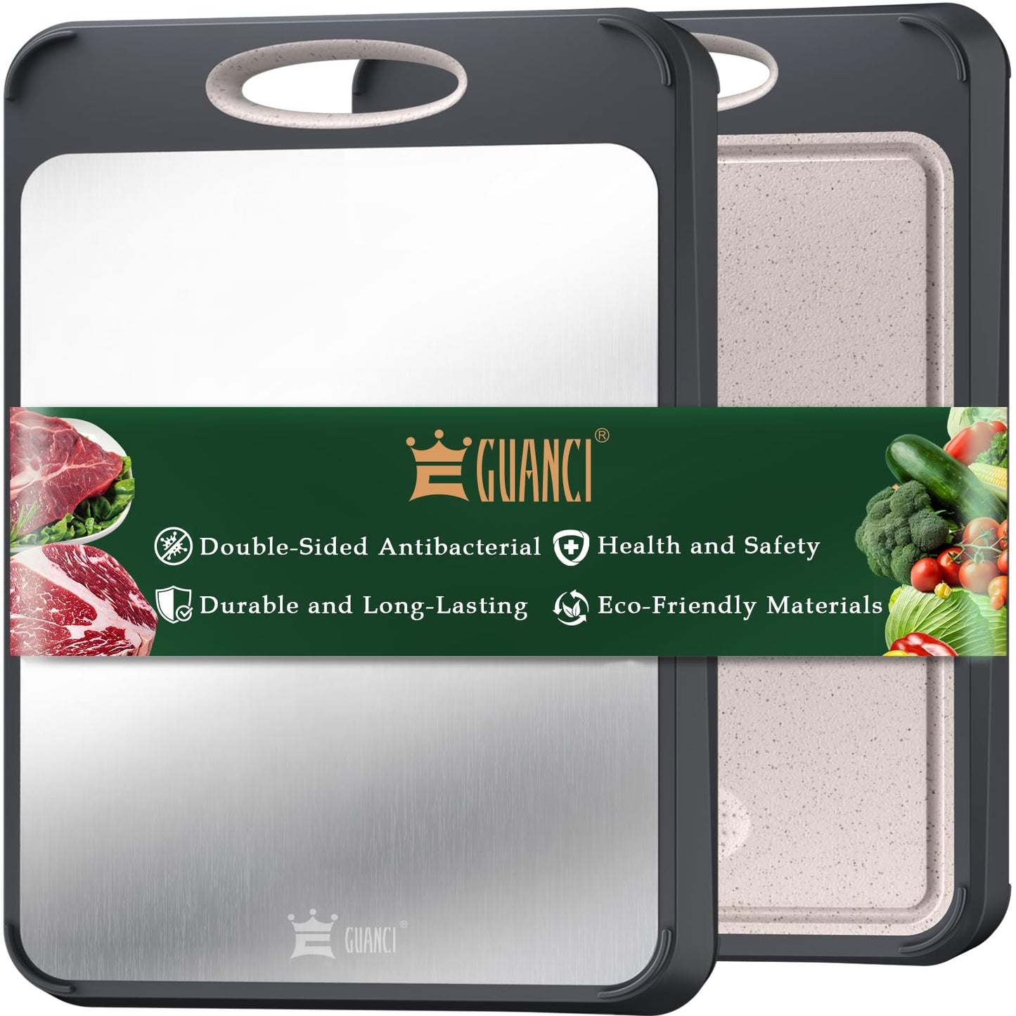 GUANCI Cutting Board for Kitchen, Stainless Steel Cutting Board Double Sided for Chopping Meat/Vegetables, Stainless Steel/Wheat Straw PP, Kitchen…