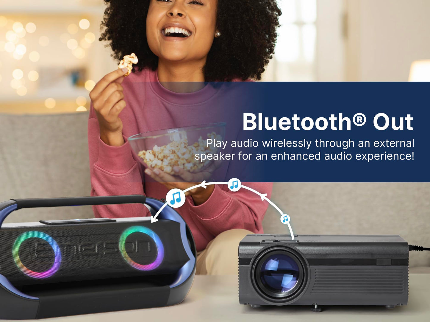 Emerson EVP-1000 150" Home Theater Portable LCD Projector with HDMI & USB Inputs, Bluetooth Connectivity, Stereo Speaker, Remote Control - Ideal