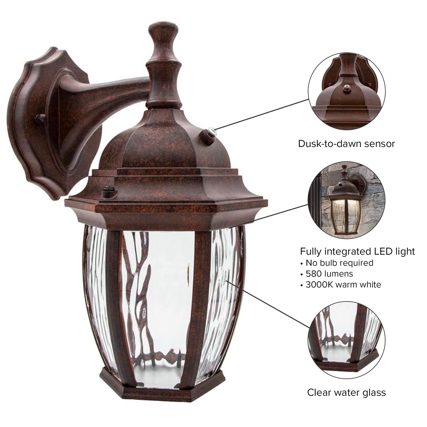 Maxxima LED Brown Outdoor Wall Light, 580 Lumens 3000K, Dusk to Dawn Sensor