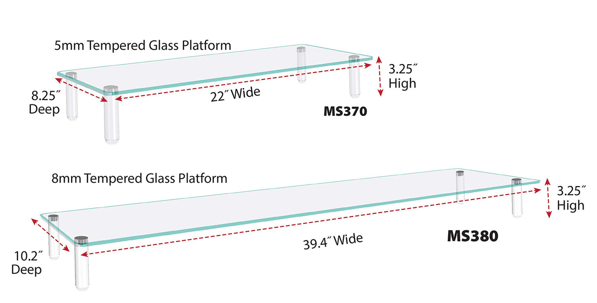 Kantek Glass Monitor Riser with 5mm Tempered Glass Platform and 40-Pound Capacity, 22-Inch W x 8.25-Inch D x 3.25-Inch H, Clear Glass (MS370)