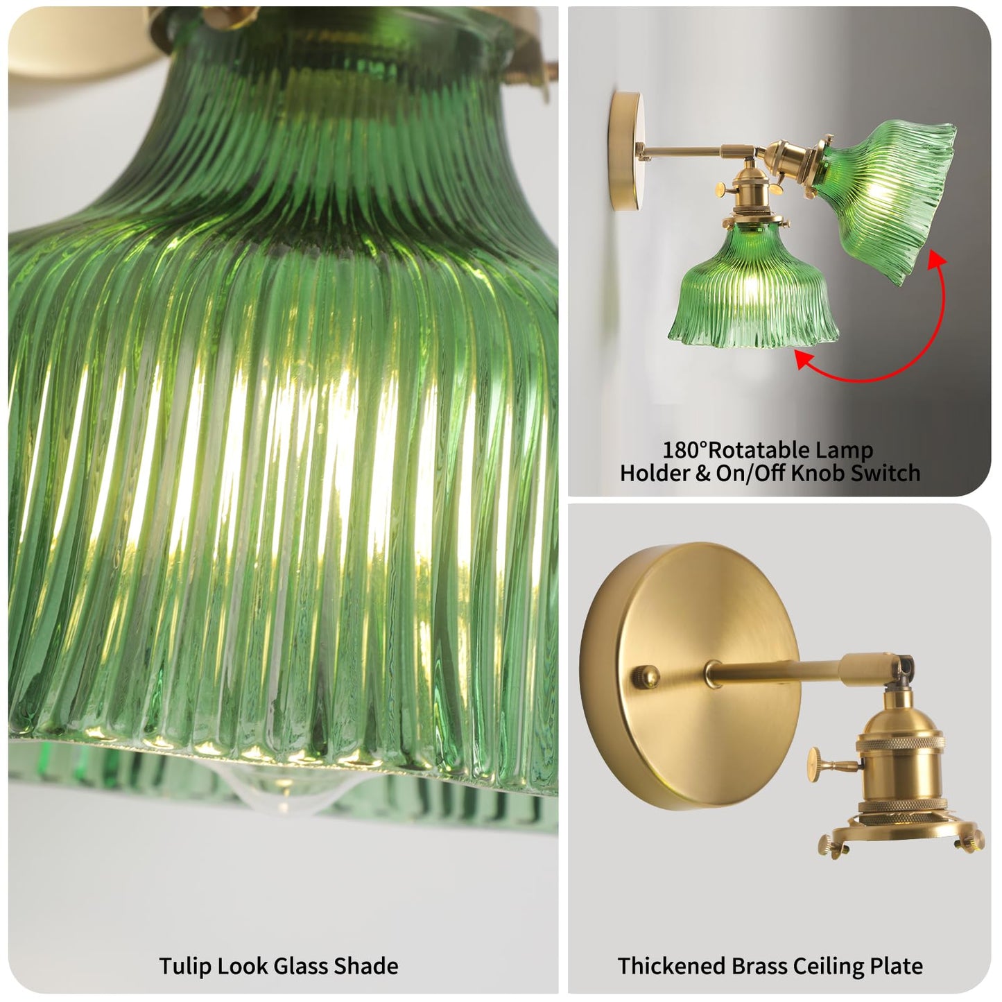ZtuoYong Wall Sconces, Vintage Wall Lighting Fixture with Switch 180 Degree Adjustable, Glass Modern Wall Lamp for Bedroom Bathroom Doorway Living