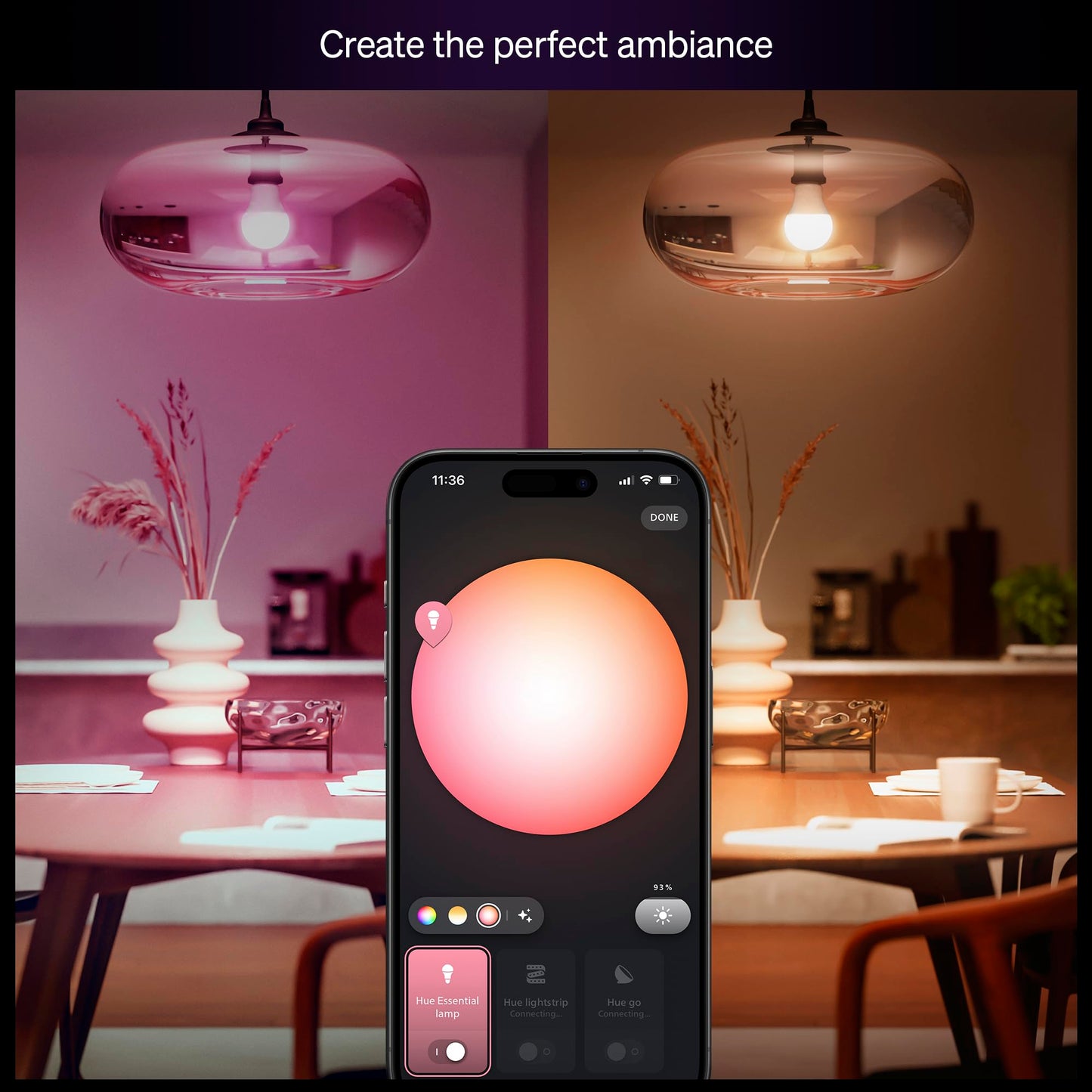 Philips Hue Essential Smart LED A19 Bulb, White and Color Ambiance, E26 Base, 8.8W, 2200K-6500K, 800 Lumens, Dimmable, Works with Alexa, Google,
