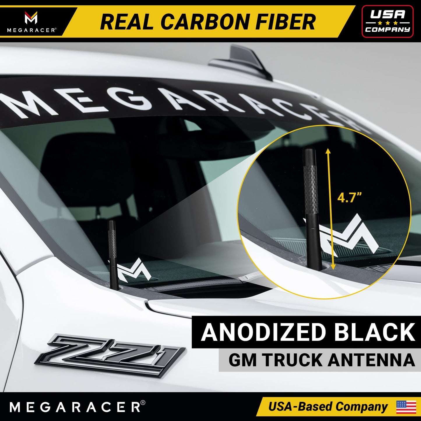 Anodized 5" Short Black Carbon Fiber Truck Antenna for Chevy Silverado & GMC Sierra 1500 2500 (1999-2026) - Billet Aluminum, UV & Chip-Resistant, Car