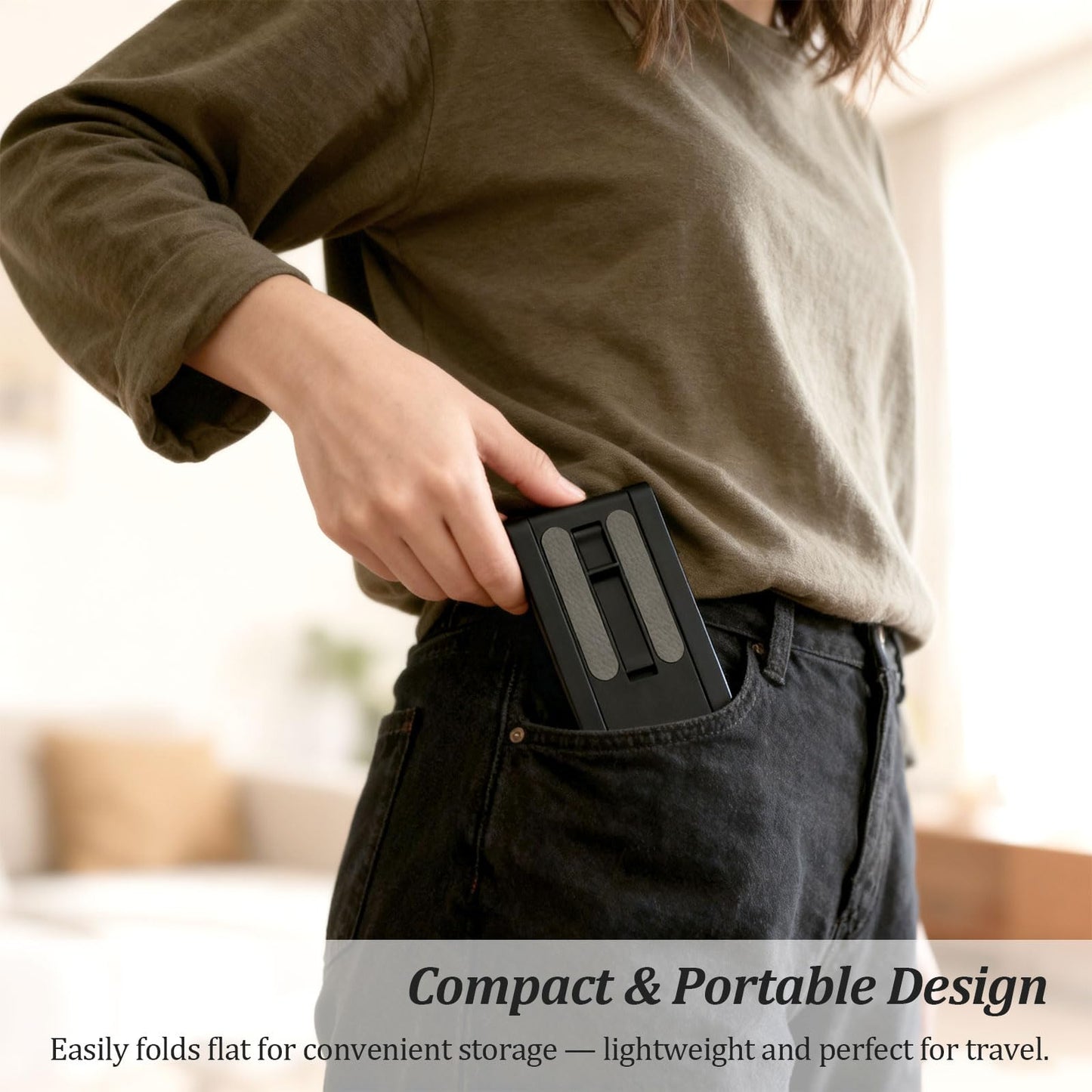 Attkryy Compact Adjustable Foldable Phone Stand for Desk - Black, Mini Mobile Holder for iPhone, Kindle, and Smartphones