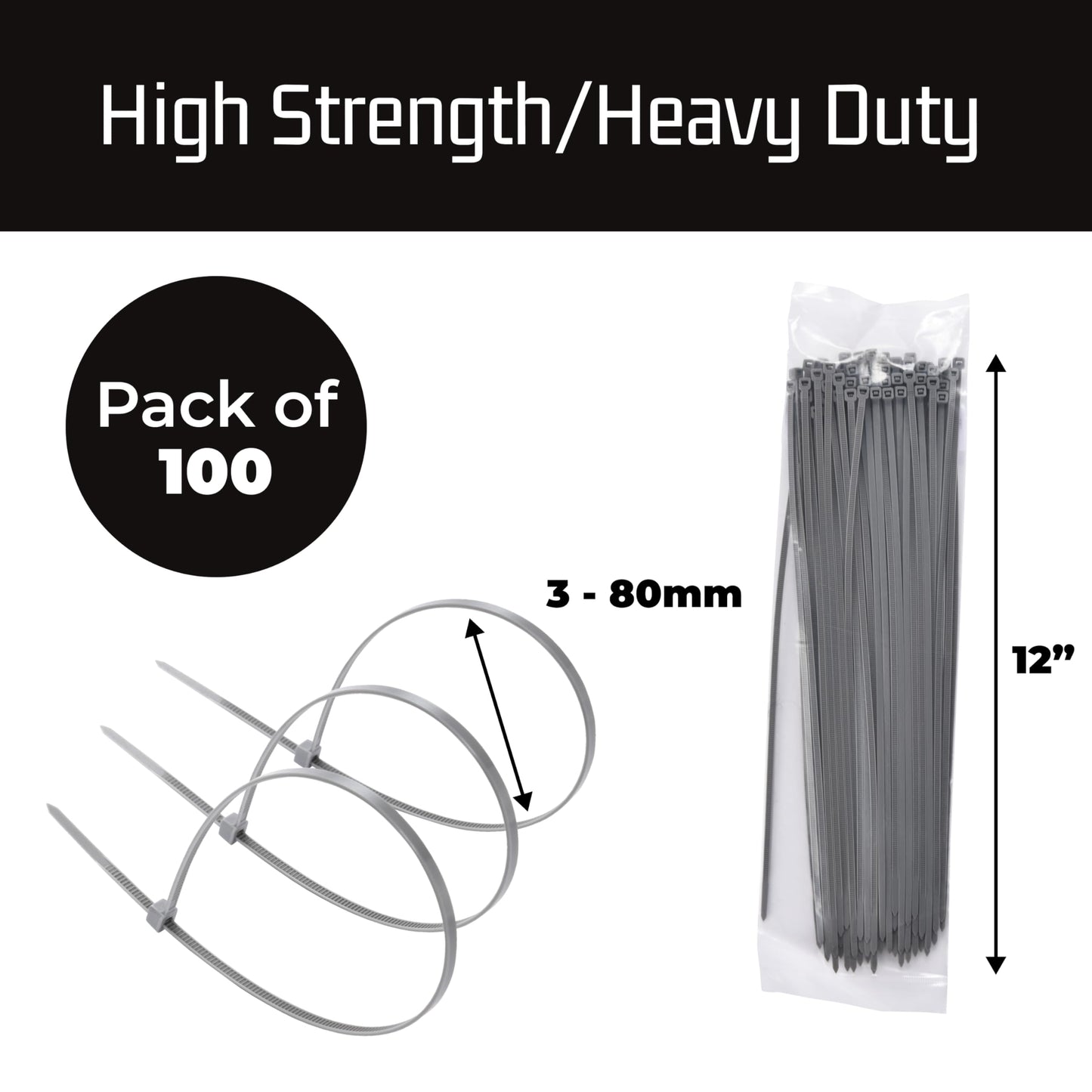 Bolt Dropper Zip Ties Pack of 100-12'' Gray Heavy Duty Cable Ties - 40lb Strength Self-Locking Nylon Wire Ties - Weather-Resistant Zip Tie for Cable