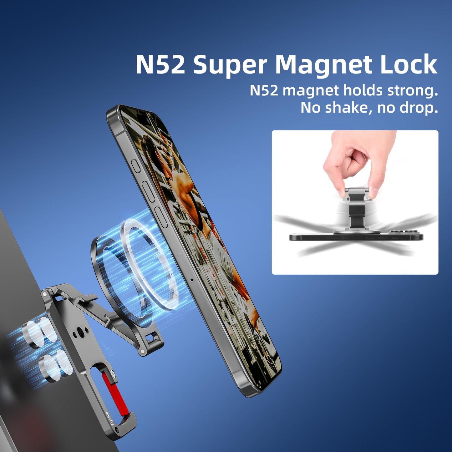 Magnetic Phone Mount for MagSafe, Maglock Tripod Adapter Magnet Golf Gym Workout Stand Metal Carabiner Dual Holder with 1/4 Screw Hole, for iPhone 16