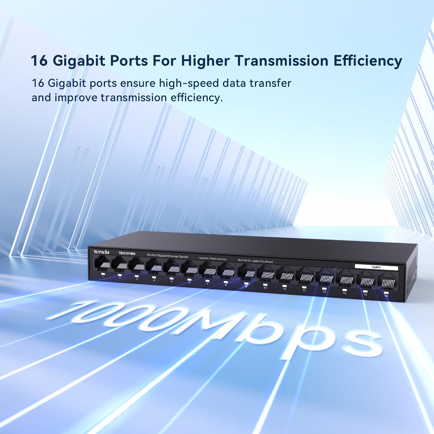 Tenda TEG1016M, 16 Port Gigabit Switch, Unmanaged Ethernet Switch with Traffic Optimization, Plug & Play, Fanless & Metal Design Network Switch