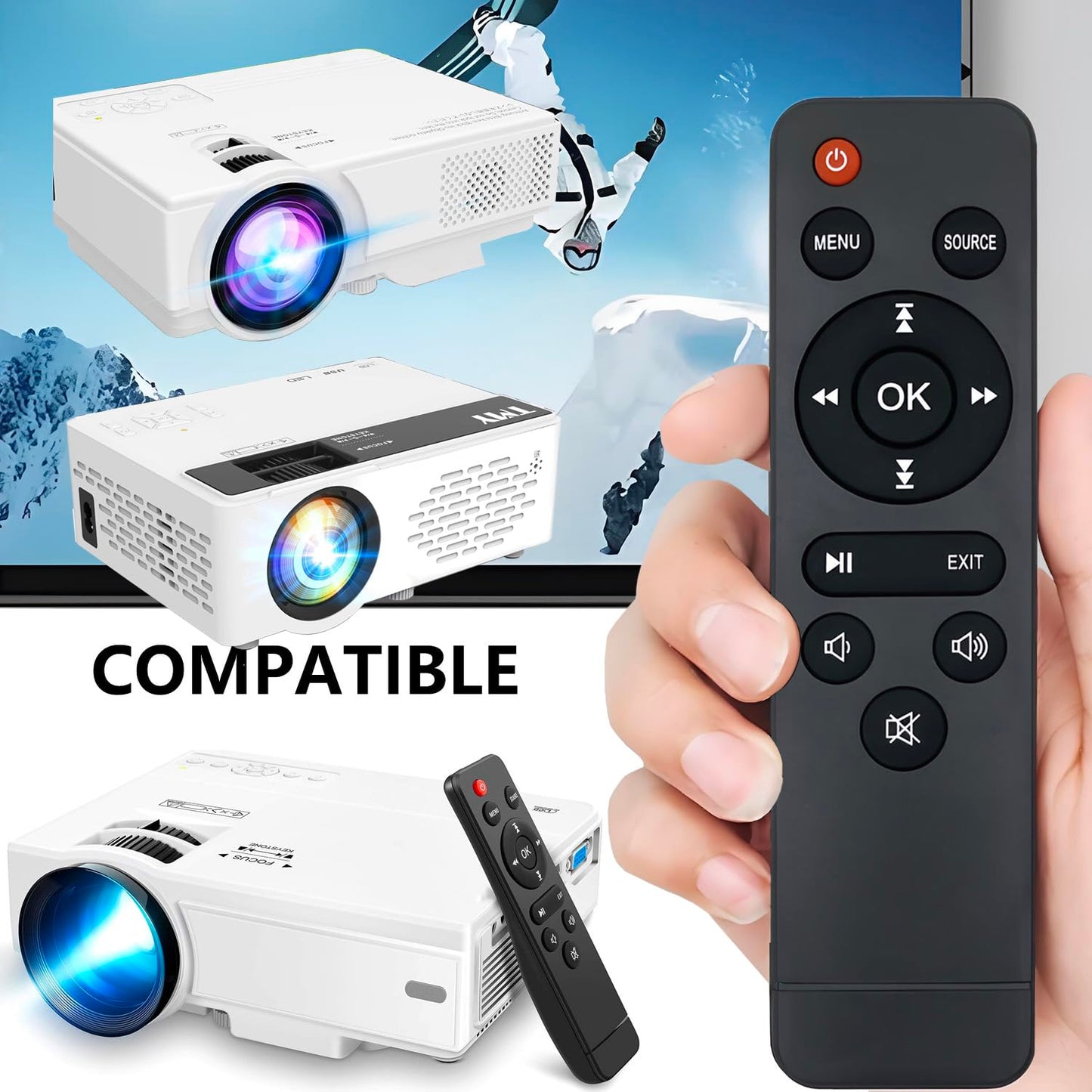 KhotIlong Replacement Remote for Mini Projector,Compatible with TMY V08,AuKing M8-F,NISOO M10,PANSEBA HI-04 Mini Projector.(1Pack)