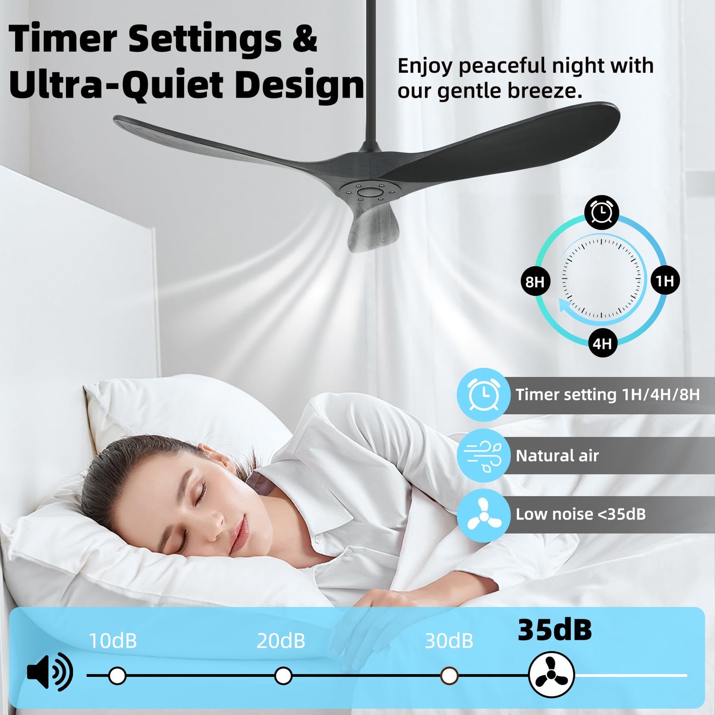 Homlit Smart Ceiling Fan no Light, 52 Inch Outdoor Ceiling Fan Without Light, Compatible with Alexa/Google/App, 3 Solid Wood Blades, Modern Wood Fan