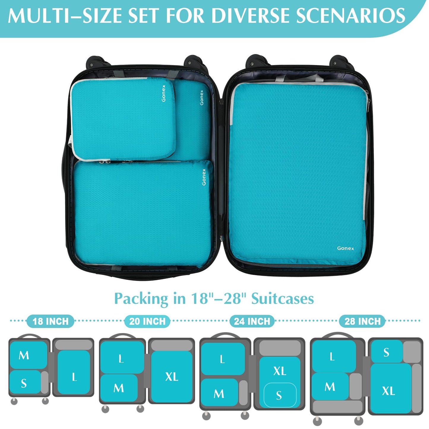 Gonex Compression Packing Cubes, 4pcs Expandable Storage Travel Luggage Bags Organizers (Blue)