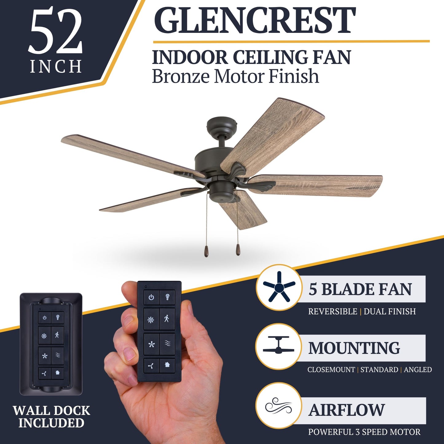 Prominence Home Glencrest, 52 Inch Farmhouse Ceiling Fan with No Light, Remote Control, Three Mounting Options, 5 Dual Finish Blades, Reversible Motor