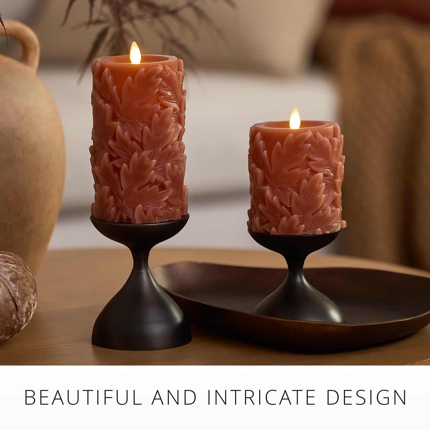 Luminara Flameless Caramel Cafe Embossed Leaves 3.5" x 4.5" Pillar, Battery Operated & Timer Function, Fall Decorations Indoor Candle Moving