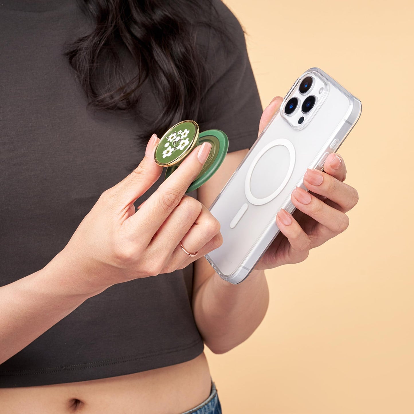 PopSockets Phone Grip for MagSafe, Magnetic Holder, Phone Stand, Green - Floral Relief