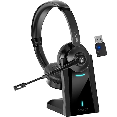 Delton 35X Bluetooth Computer Headset with Noise Cancelling Mic, Fast Charging Dock, Auto Pair USB Dongle for PC, Laptop, MacBook, Compatible with MS