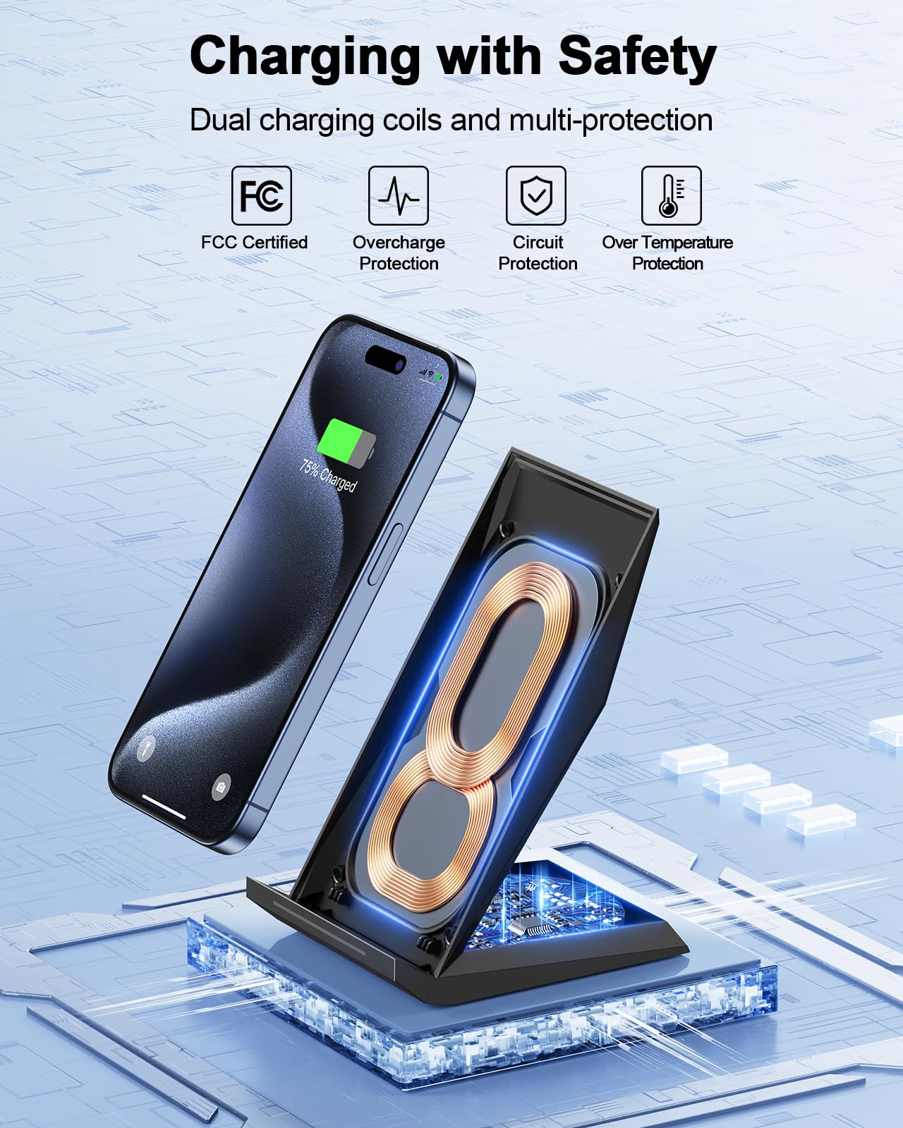 Fast Wireless Charger, NANAMI Wireless Charging Stand Compatible iPhone 17/17 Air/16/15/15 Pro/15 Plus/15 Pro Max/14/13, Nightstand Phone Charger Dock