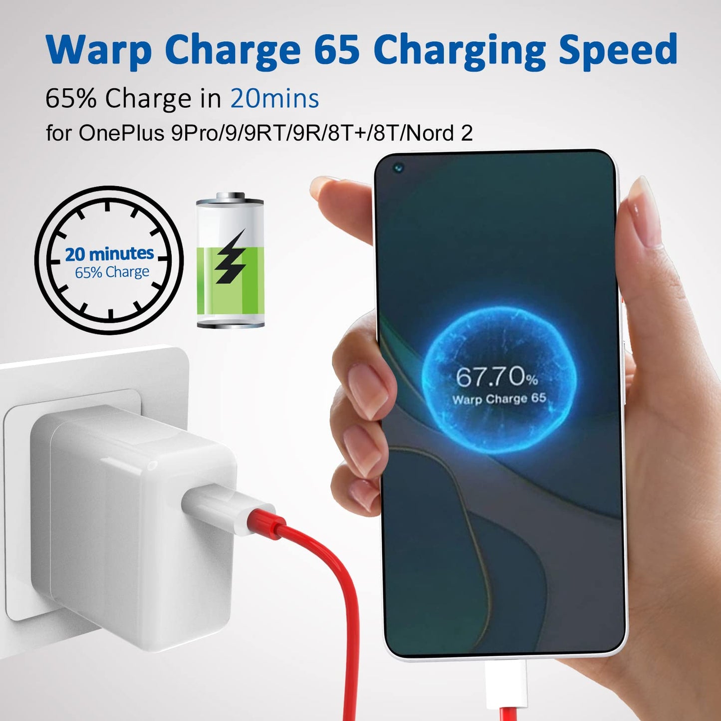 65W Warp Charger for OnePlus Nord 2 5G/9 Pro/9RT/9/9R/8T/Realme, Fast Wall Charger Adapter with 3.3 ft USB C Warp Cable