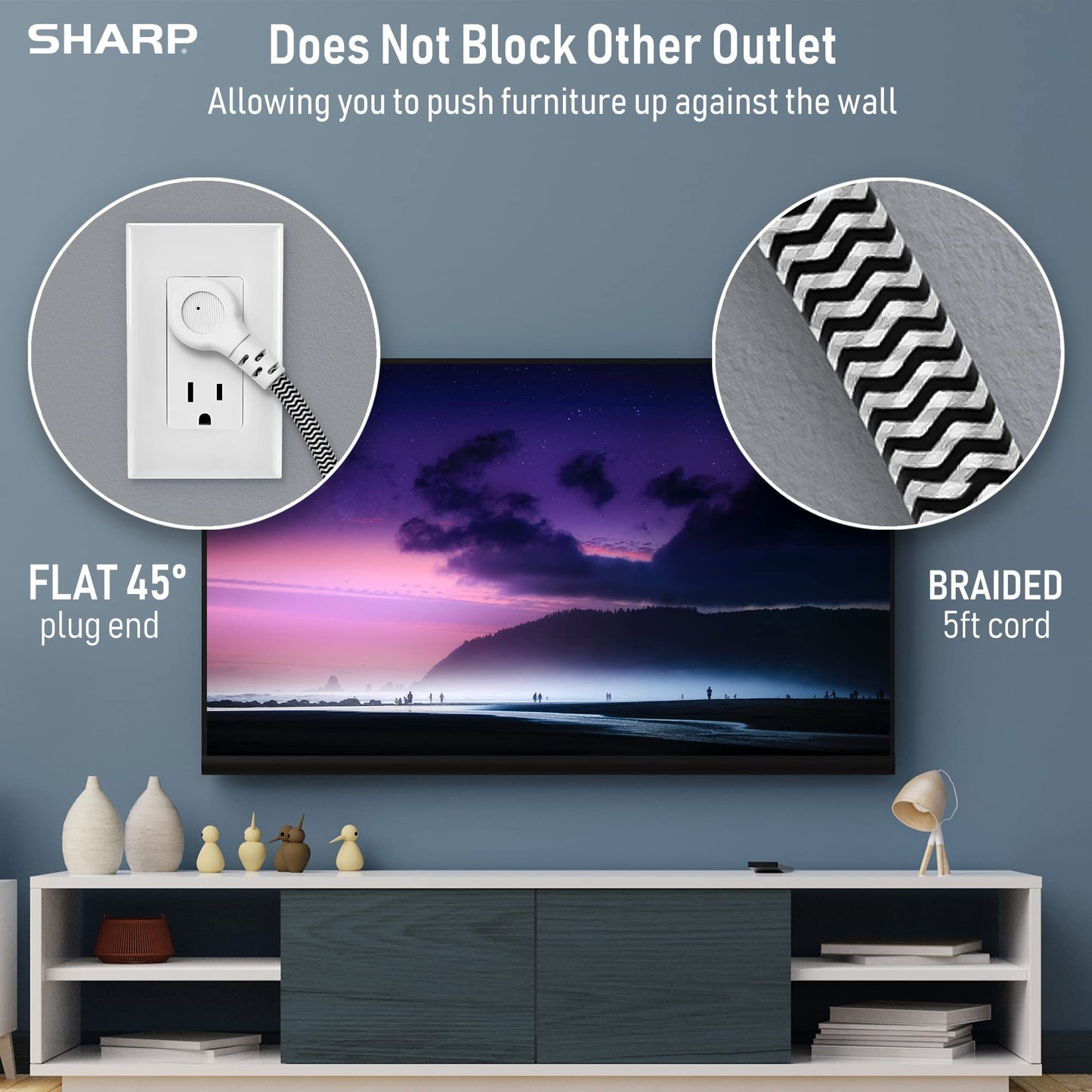 SHARP Surge Protector Power Strip - 6 Widely Spaced Outlets with 4 USB Fast Charge USB Charging Ports (3 USB-A and 1 USB Type-C), Flat Wall-Hugger