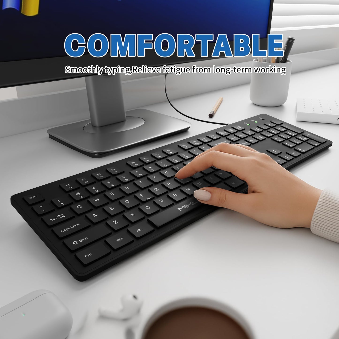 Fade-Proof Lettering Wired Keyboard Full Size - Black Office Keyboard With Laser Etched Keys, Integrated Bracket, Spill-Resistant Design 5.2ft Usb