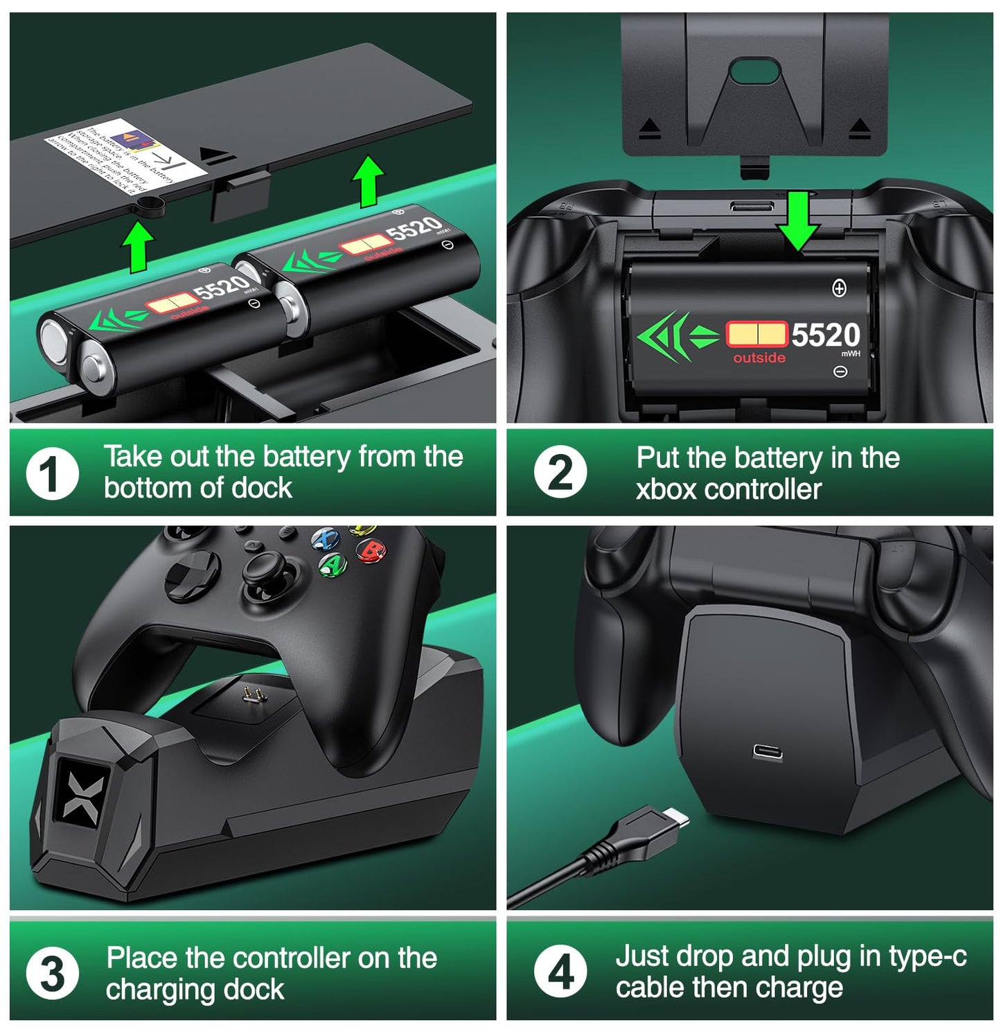 Controller Charger Station with 2x5520mWh Rechargeable Battery Packs for Xbox One/X/S/Elite/Series X|S, High Speed Charging Station Dock with 4