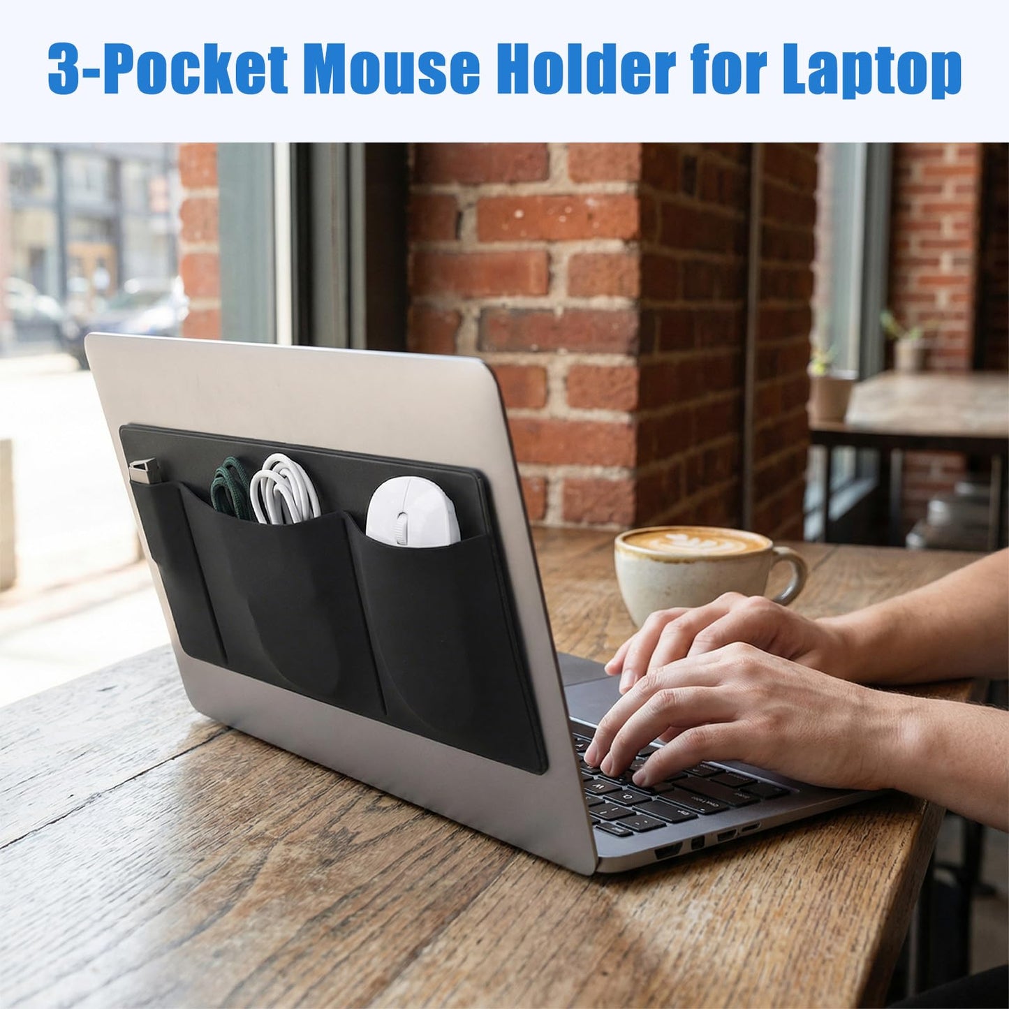 3-Pocket Mouse Holder for Laptop Stick on, Reusable Adhesive Mouse Pouch for External Hard Drive, HDD, SSD, USB Drive, Cables, Black Computer Pocket