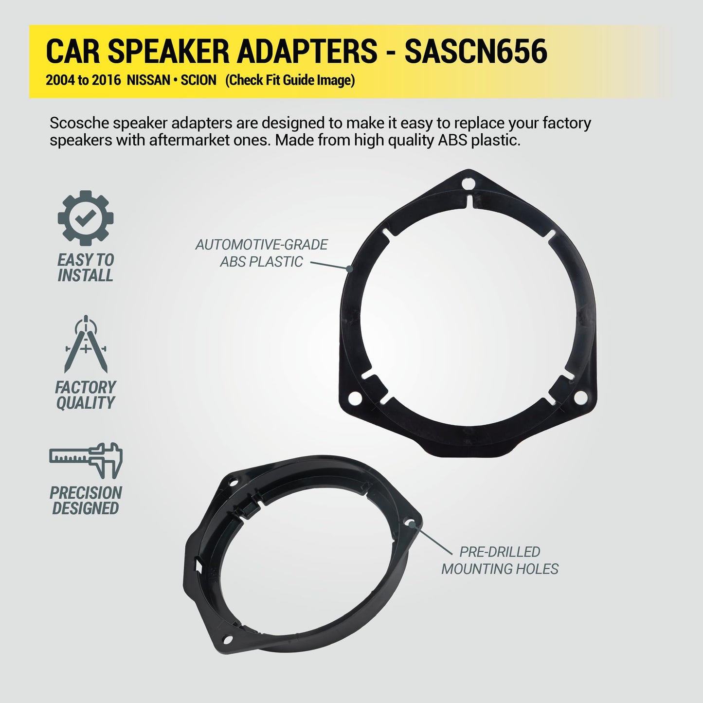 Scosche SASCN656 5.25-6.5” Speaker Adapters - Compatible with Select 2004-16 Nissan and Scion - Adapter for 5 1/4" to 6 1/2" Car Speakers - Sold in