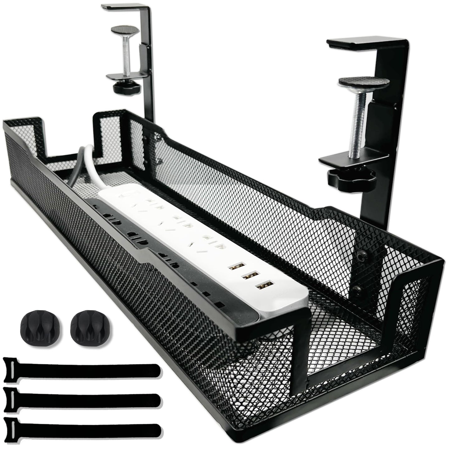 No Drill Under Desk Cable Management Tray with clamp-Premium Wire Tray Cord Organizer - Thin Steel Cable Tray Basket with Charger Holder for