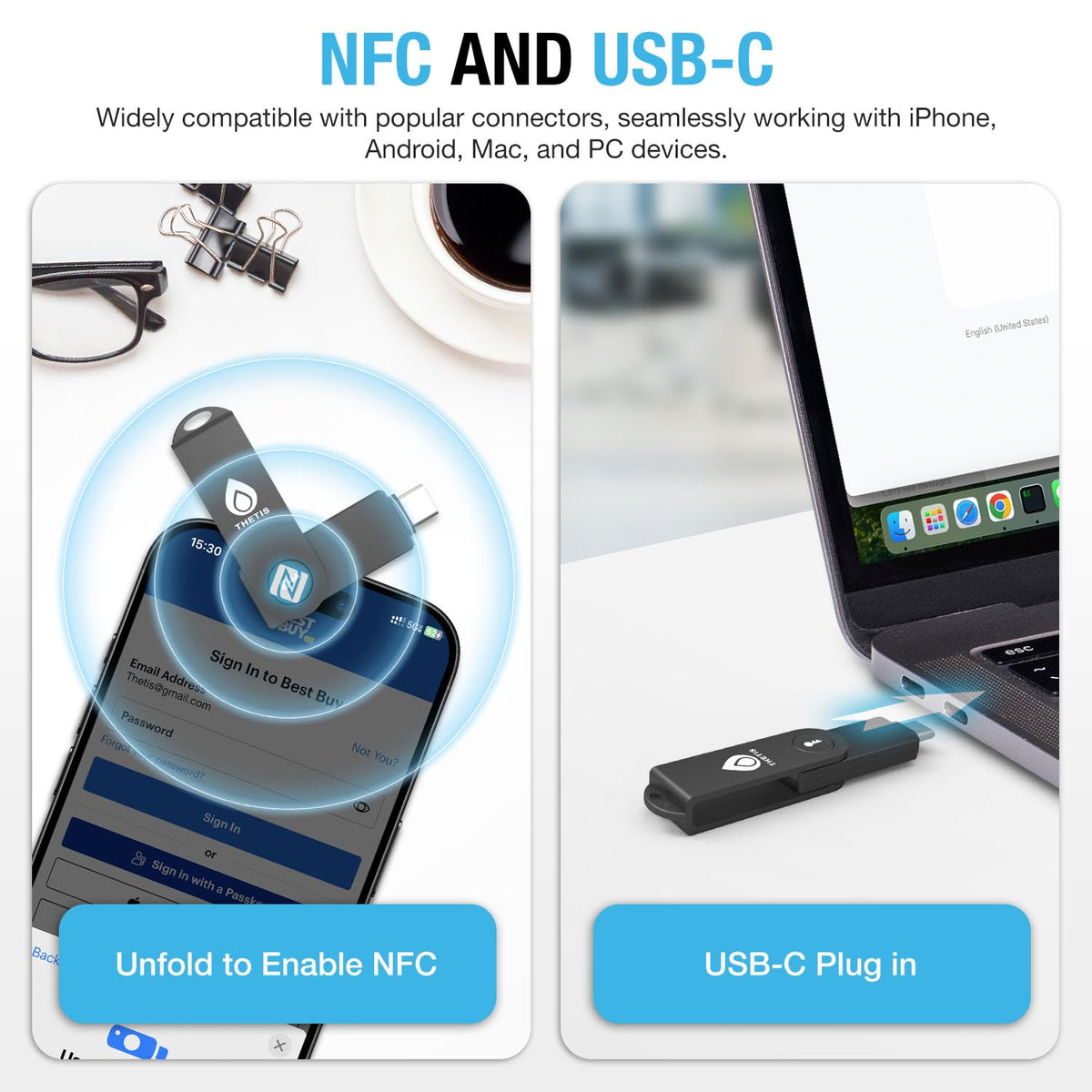 Thetis Pro-C FIDO2 Security Key Passkey Device with USB C & NFC, TOTP/HOTP Authenticator APP, FIDO 2.0 Two Factor Authentication 2FA MFA, Works