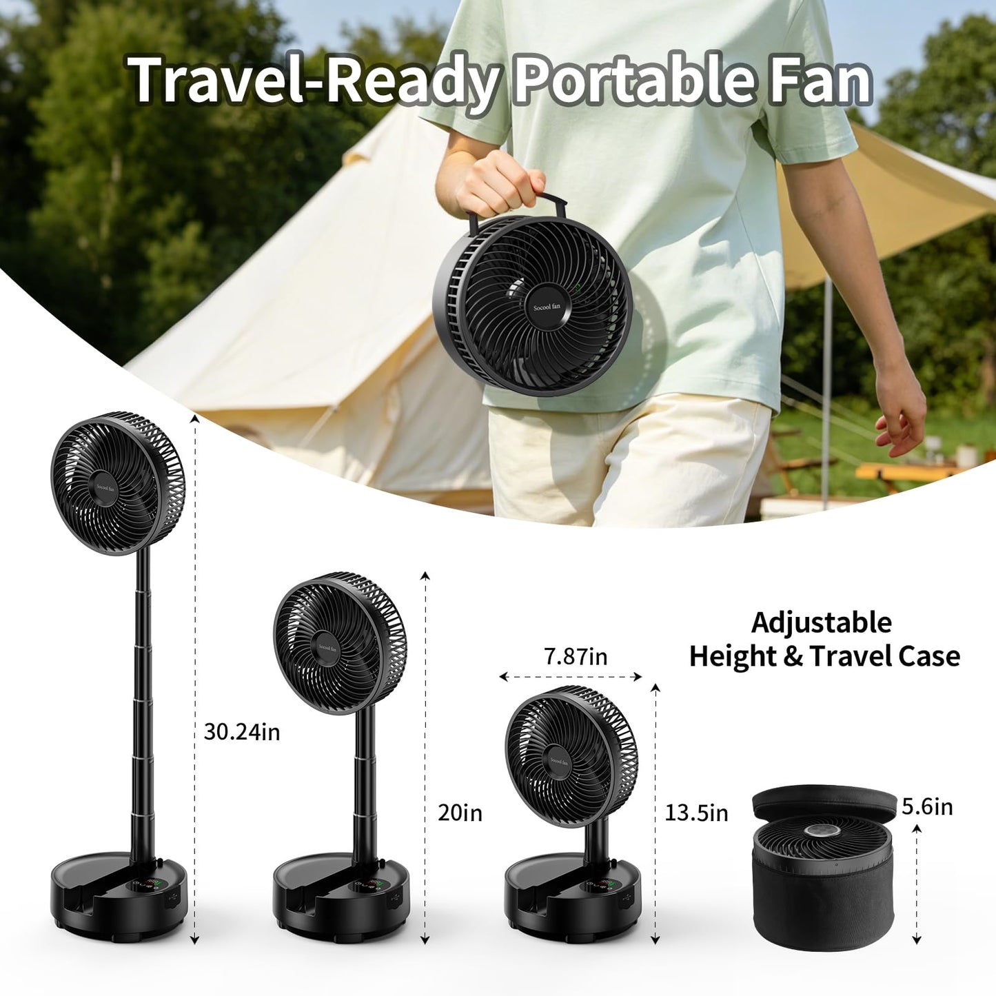 Socool 40000mAh Battery Operated Foldable Fan,Rechargeable Standing Fan, Remote Control & Colorful Light, Oscillating Telescopic, Timer & Digital