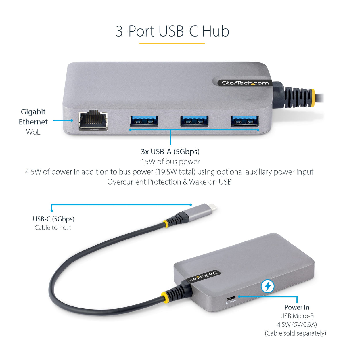 StarTech 3-Port USB-C Hub, Gigabit Ethernet, 5Gbps, 3X USB-A, 1ft, Windows