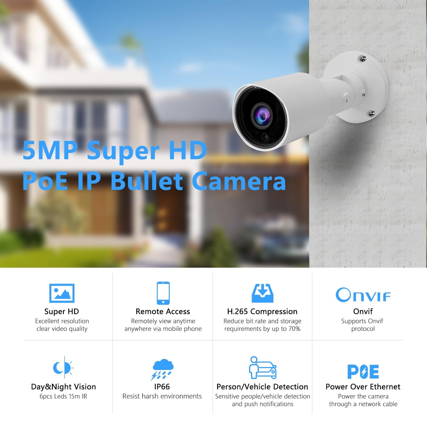 Tennoz 5MP PoE IP Bullet Camera Outdoor, H.265 PoE IP Security Camera with 2.8mm Lens, 80ft Night Vision, 105° Wide Angle, Compatible with Third-Party
