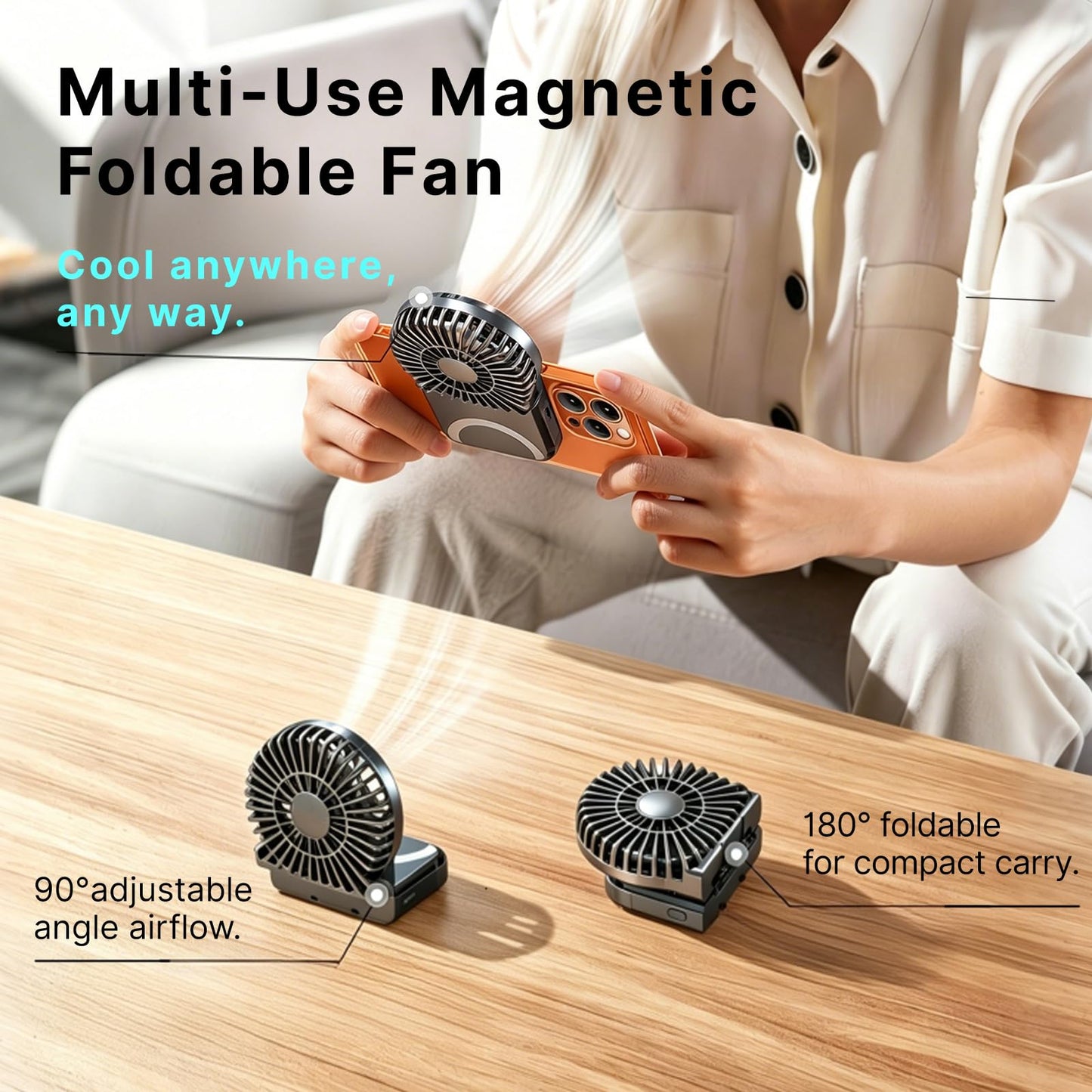 FoldMag Portable Rechargeable Mini Fan, HandHeld Personal Travel Fan, 5-Speed Magnetic Foldable 180° Neck Fan, Desk & Tabletop Fan, Digital Display