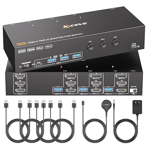 KVM Switch 3 Monitors 3 Computers 4K@60Hz,EDID Simulation,HDMI Displayport Triple Monitor KVM Switch,3 Monitor KVM with 4 USB 3.0 Ports for Keyboard