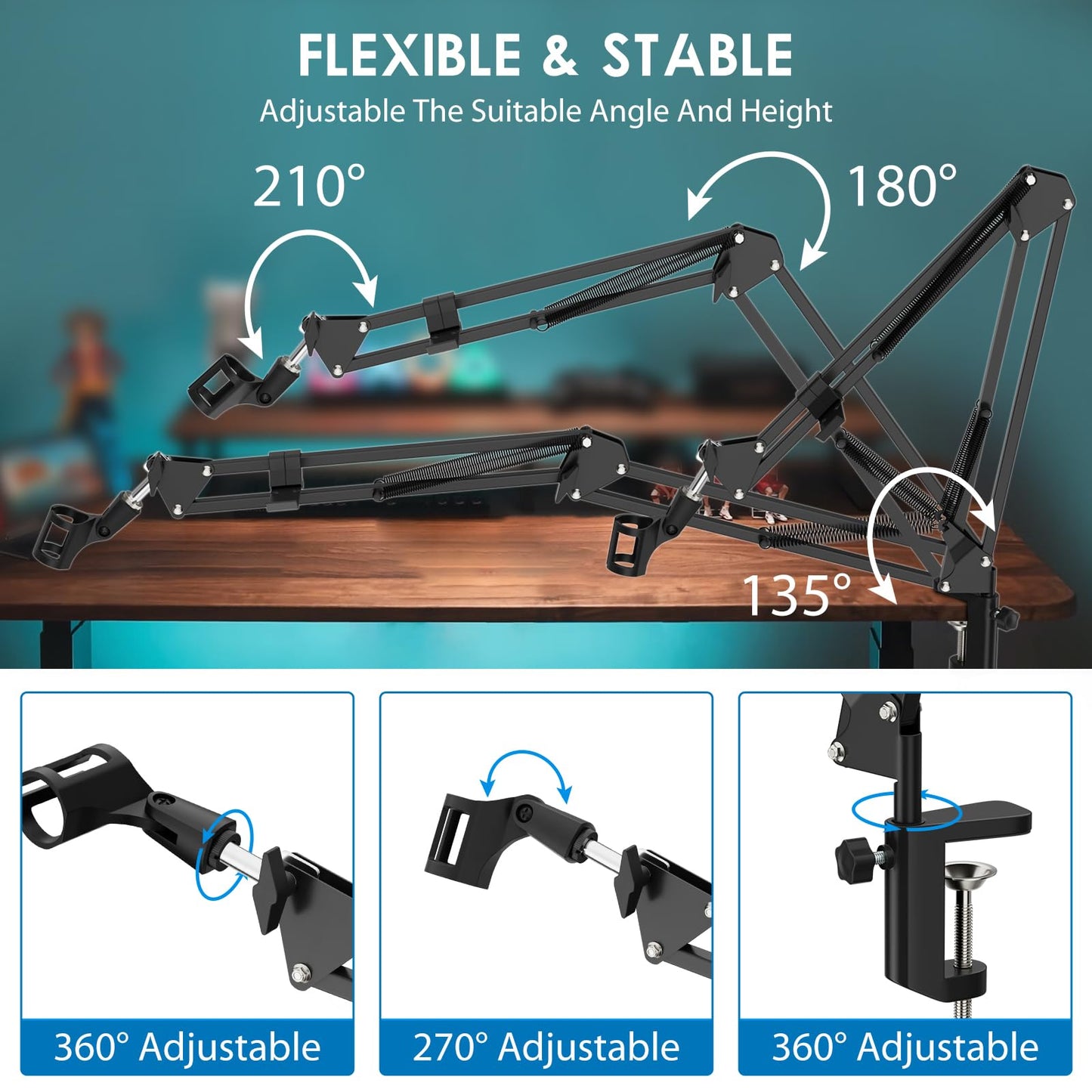 K KASONIC Microphone Stand, Adjustable Microphone Desk Stand for HyperX Mic Boom Arm Stand for Broadcasting Recording, Voice-Over Sound Studio