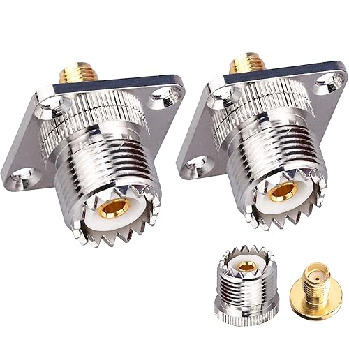 TUOLNK SMA to UHF Female Jack Panel Chassis Mount RF Coax Adapter SO239 PL259 4-Hole Flange for Jumper Cable Coaxial Connector 2 Pack