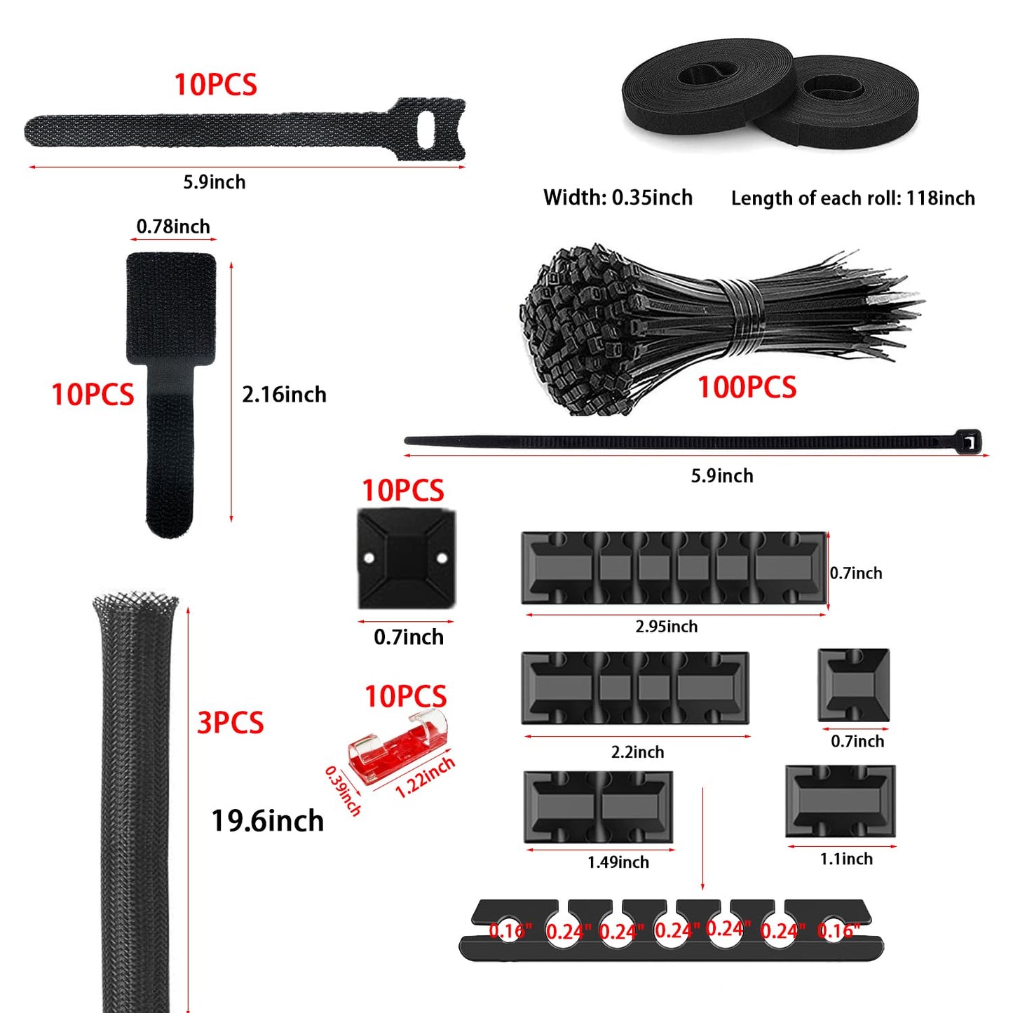 189PCS Cable Management Kit, 6 Cable Sleeve40 Cable Clips with 11Cord Holders, 2 Roll Self Tie, 10 Self Adhesive Cord Organizer, 100 Fastening Cable