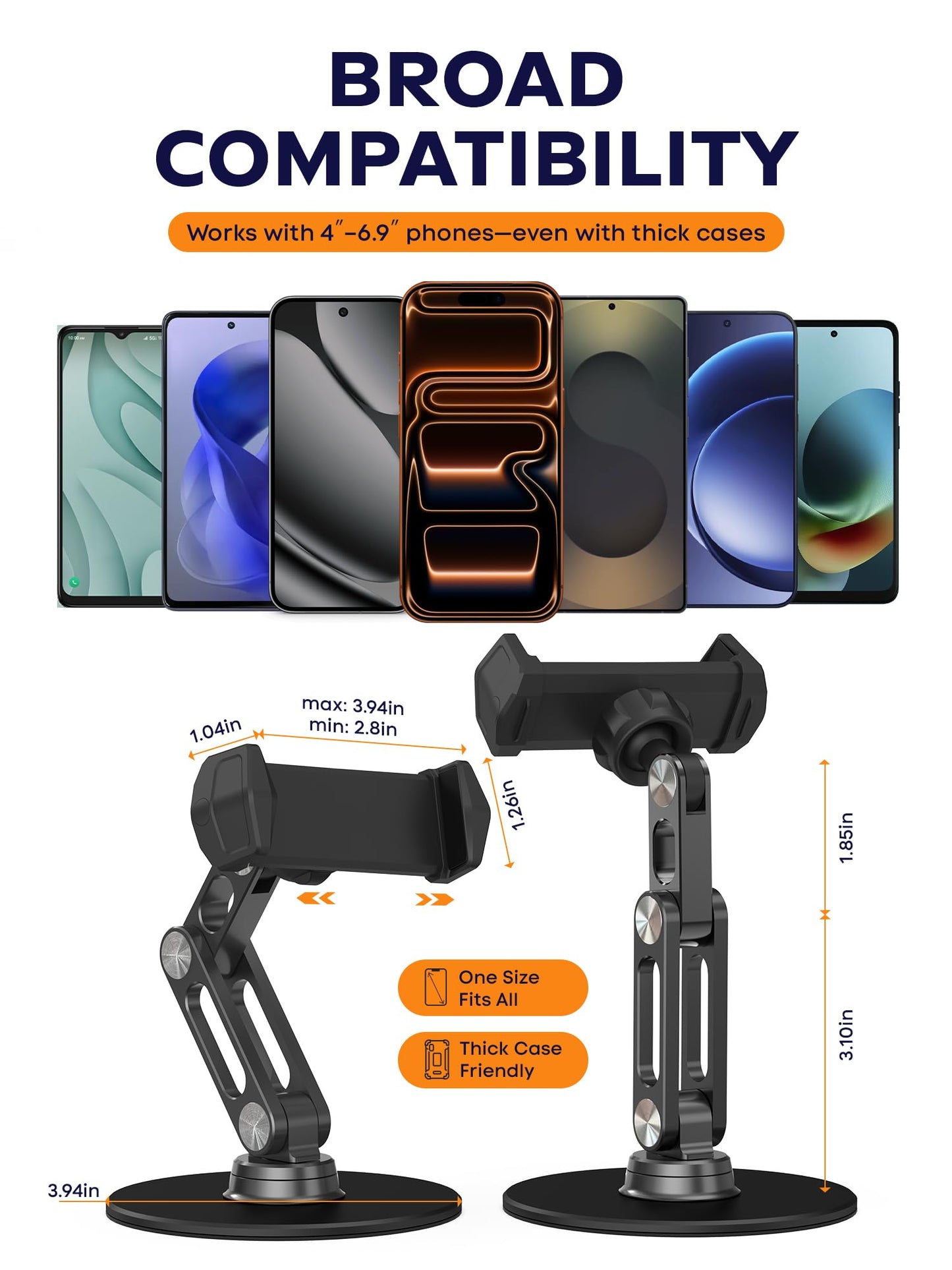 QooWare Phone Stand for Desk - Adjustable Height and Angle Foldable Cell Phone Stand Holder, No Dropping Stable Triple-Clamp Holder, Adjustable