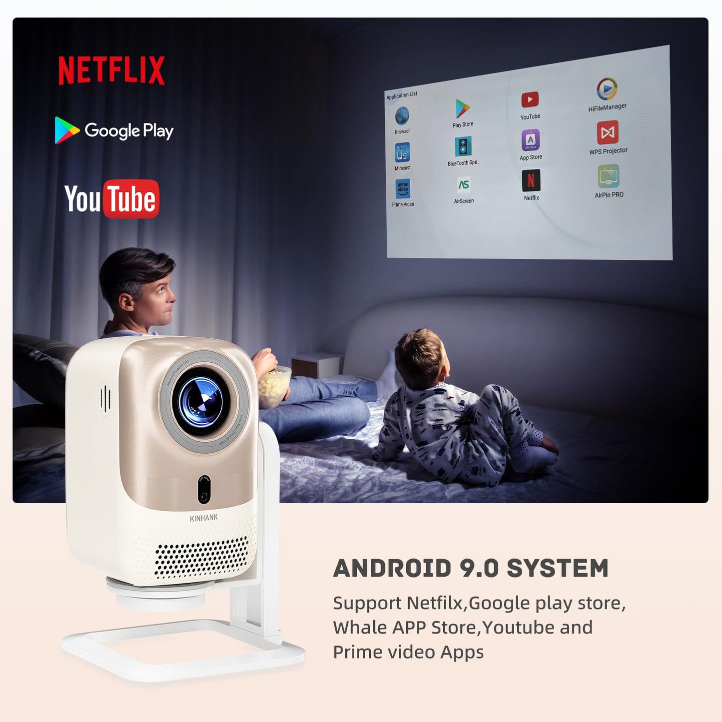 KP1 Portable Movie Projector,Smart Projector with WiFi 6 and BT5.2, 450 ANSI Support 4K Native 1080P, Auto Focus& Auto Keystone ,360°Adjustable