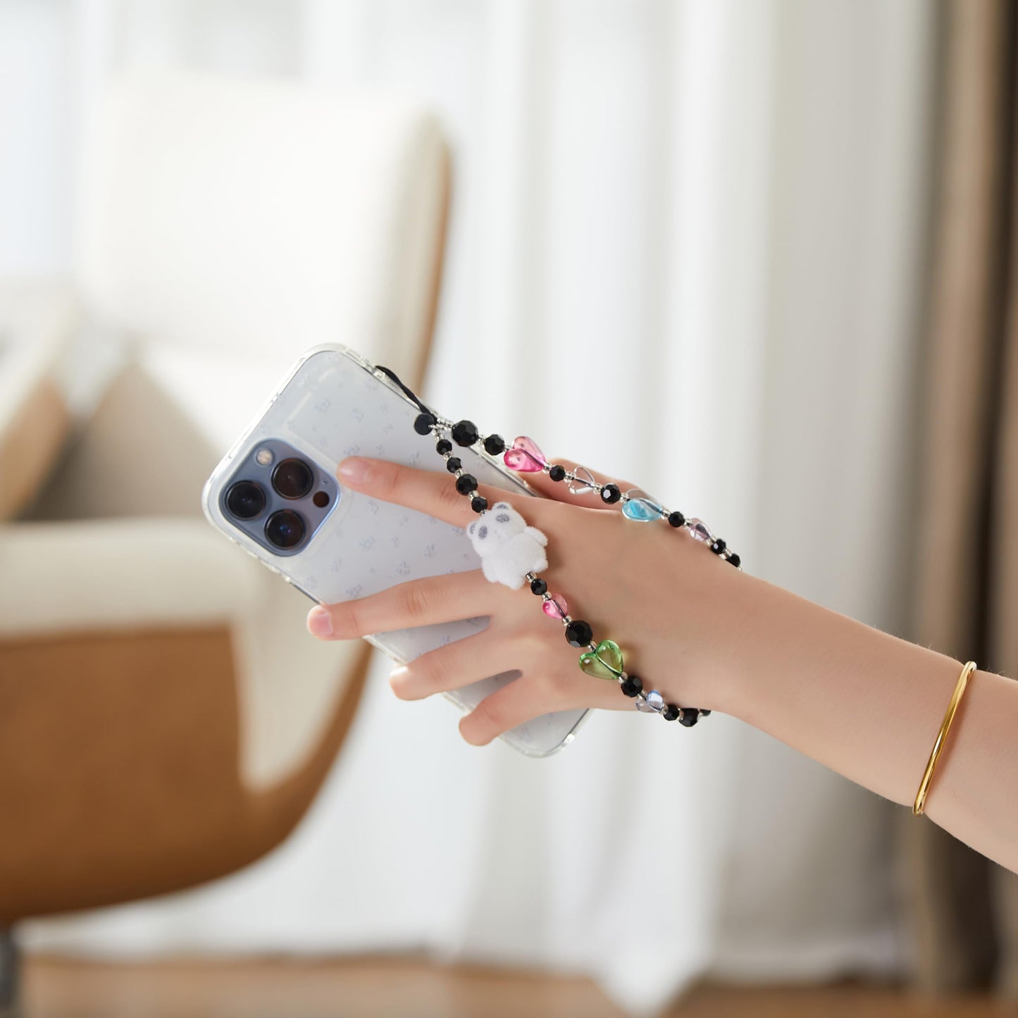 FREPERS Black Crystal Beads Phone Lanyard for Women, Cute Panda & Hearts Charm, Anti-Lost Wrist Strap with Thick Polyester Cord for iPhone 14/15/16