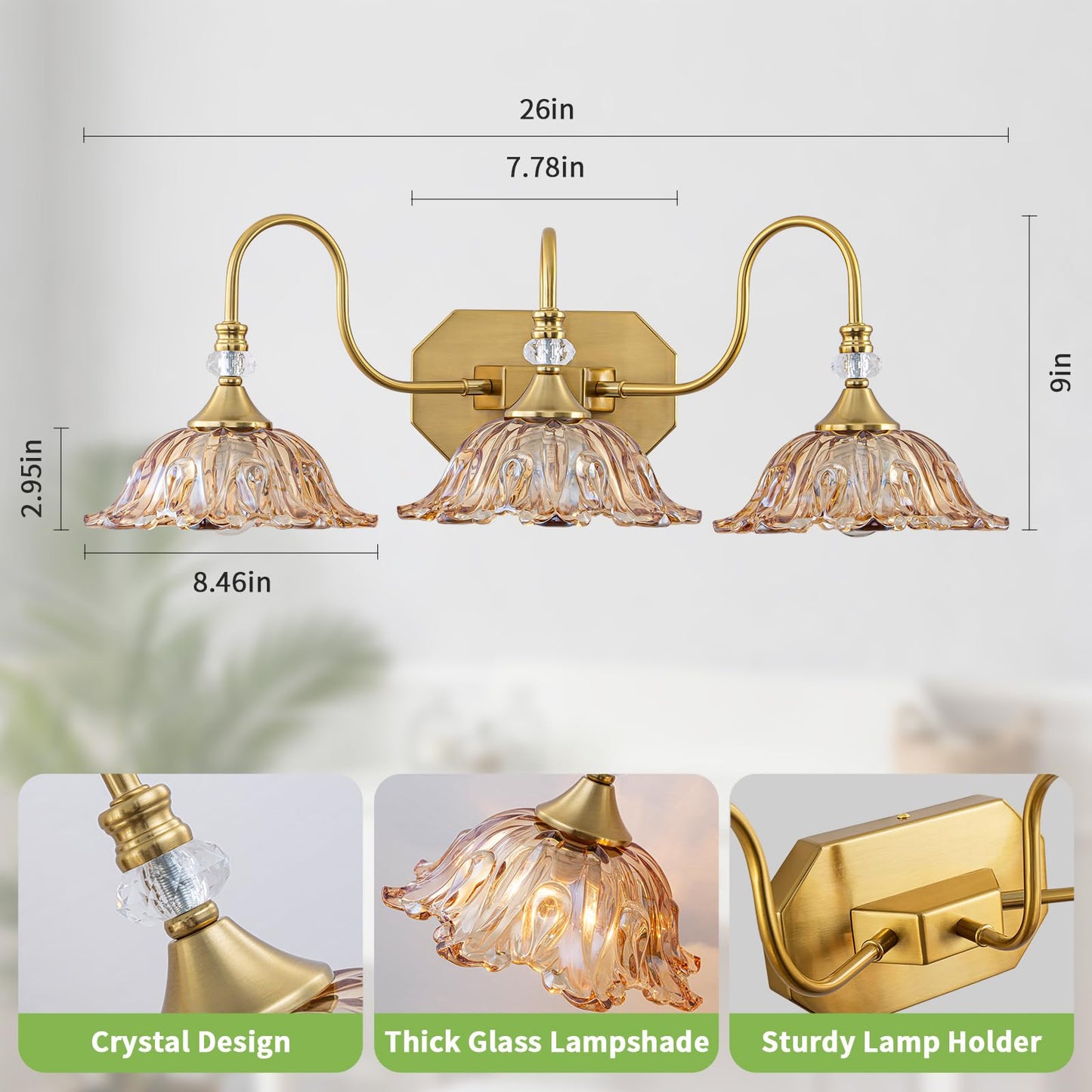 YOGIRL Vintage Gold Bathroom Vanity Light, 3-Lights Matte Antique Brass Finish with Flower Shaped Amber Glass Shades Light Fixture for Bathroom
