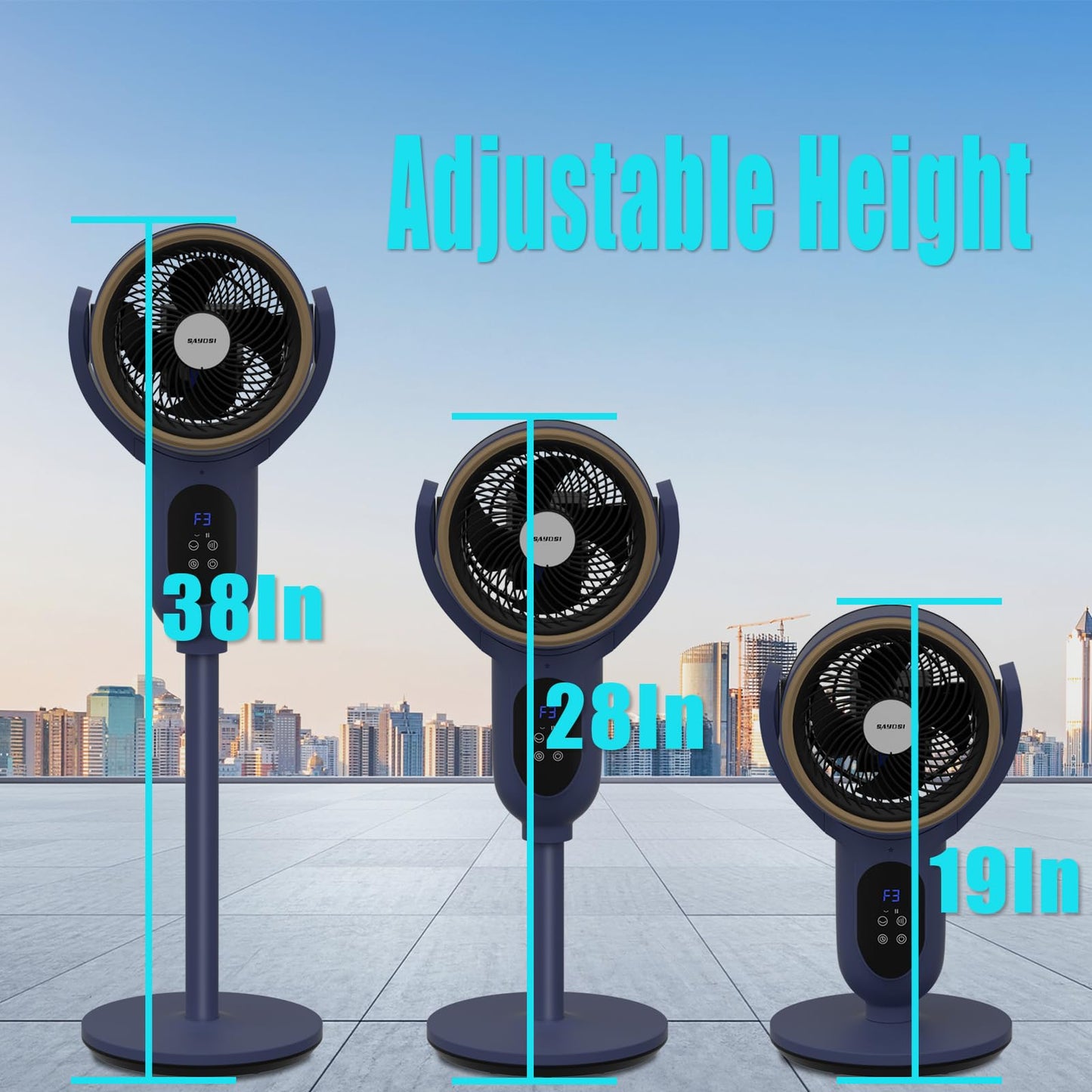 SAYDSI Fan for Bedroom,Auto 90° Oscillating Standing Tower Fan,100ft Electric Cooling Pedestal Fans for Home and Office(Blue)