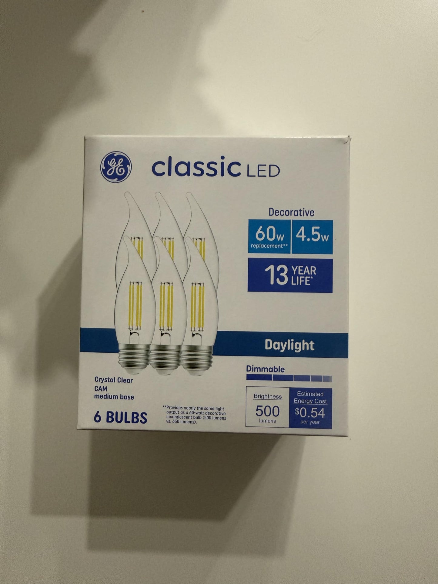 GE Classic Candle LED Bulbs, Decorative, 60W Equivalent, Daylight, Medium Base (6 Pack)