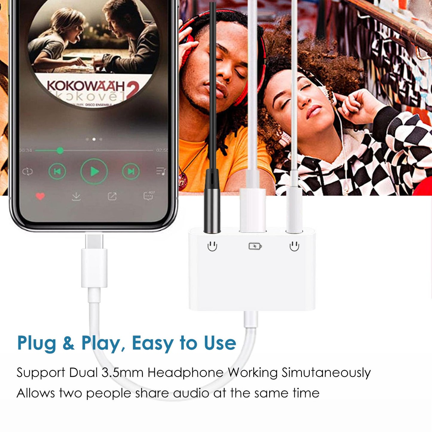 USB C to 3.5mm Audio Adapter, 3-in-1 Aux to USB C Headphone Splitter, 3.5mm to USB C iPhone headphone adapter with PD Fast Charging Compatible