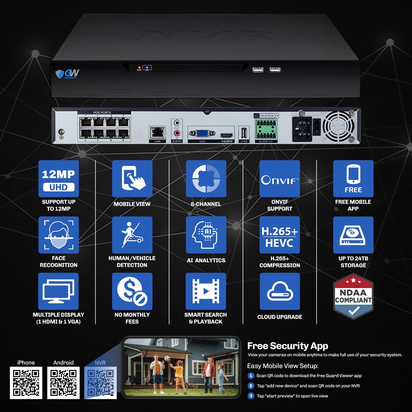 GW Security 8 Channel NVR UltraHD 4K Face Recognition NDAA & TAA Compliant Security Camera System with 8 x 8MP Waterproof 130° Wide Angle PoE Dome