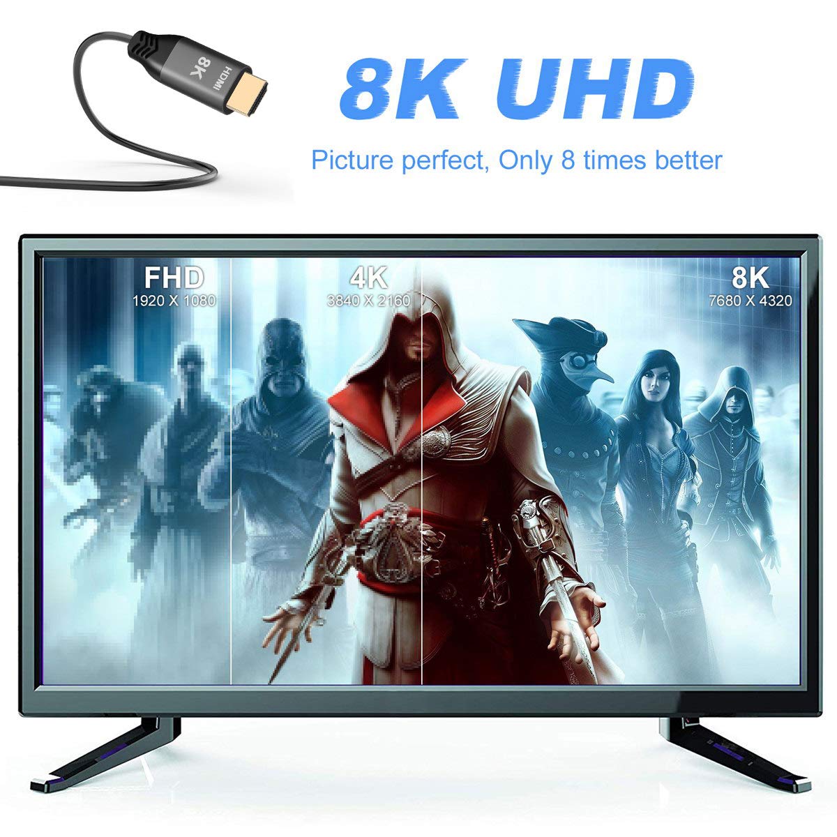 NFHK HDMI 2.1 Cable Ultra-HD UHD 8K 60hz 4K 120hz Cable 48Gbs with Audio & Ethernet HDMI Cord (2.0m)
