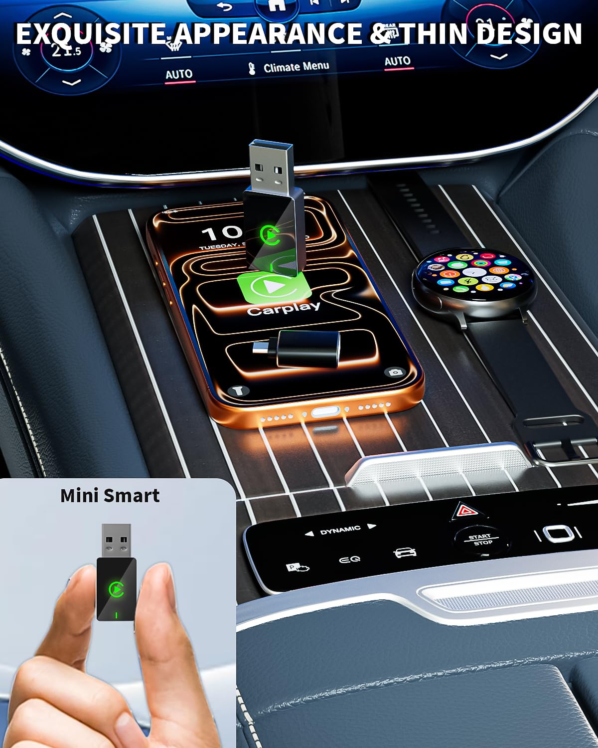 Wireless CarPlay Adapter for Apple iPhone,Compact Design Car Play Adapter Convert Wired Apple CarPlay to Wireless with USB/USB C Port,Plug